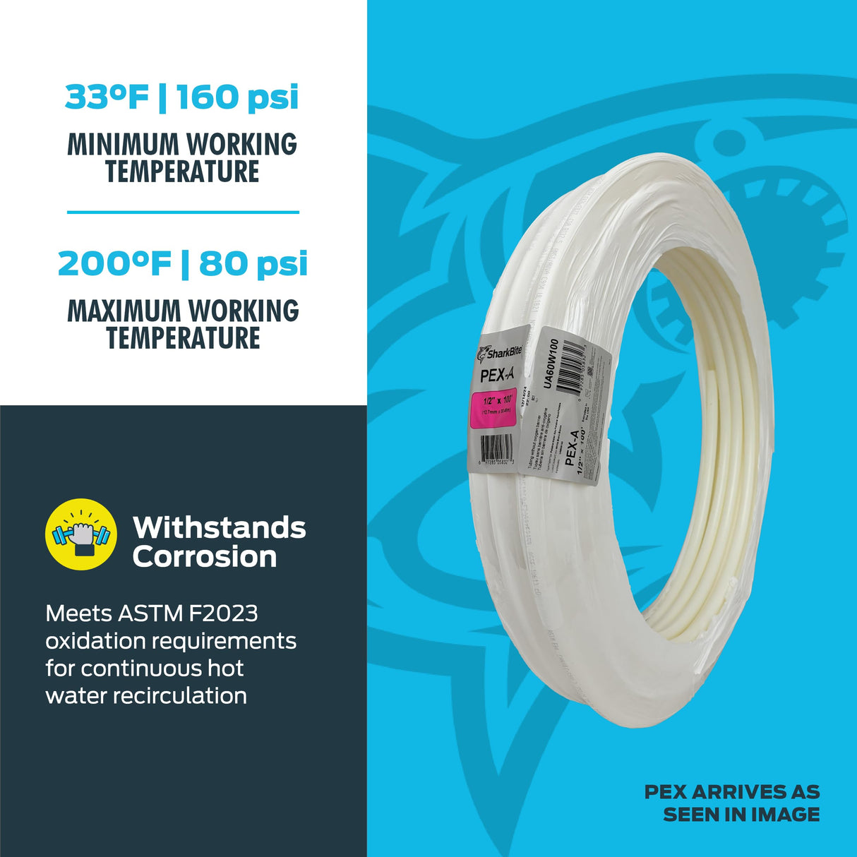 SharkBite 1/2 Inch x 100 Feet White PEX-A, PEX Pipe Flexible Water Tubing for Plumbing, UA60W100 SharkBite