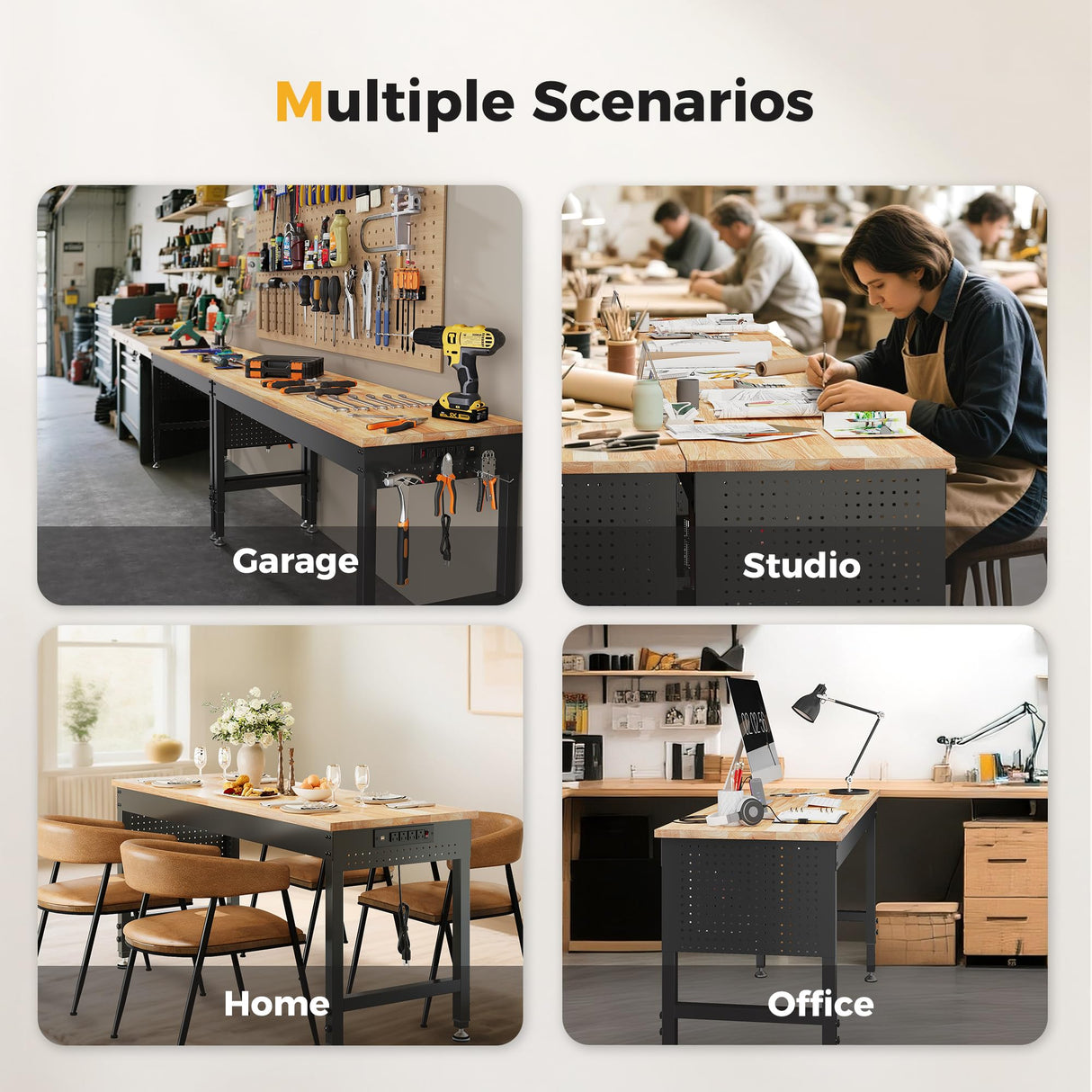 CAMMOO 60" Adjustable Heavy Duty Workbench, 2000 LBS Load Capacity Rubber Wood Work Table with Pegboard, Power Outlets, Work Bench for Garage, Workshop, Office, Home, Commercial CAMMOO