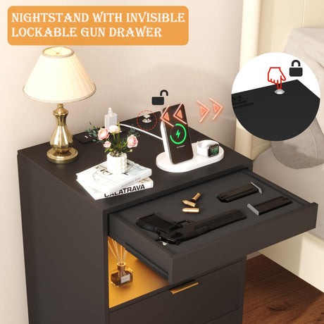 Yusong Night Stand with Gun Drawer & Invisible Lock, Bedside Table, LED Nightstand with Charging Station, Modern Night Stand, Wood Sofa Couch End Side Table with 2 Pull-Out Shelf, Black Yusong