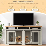 71" Dog Crate Furniture, Extra Large Wooden Double Dog Crate with 3 Storages and Removable Divider, Furniture Style Dog Crate Table Indoor TV Stand for Large Medium Dogs, White STMHOM