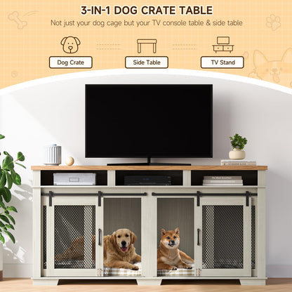 71" Dog Crate Furniture, Extra Large Wooden Double Dog Crate with 3 Storages and Removable Divider, Furniture Style Dog Crate Table Indoor TV Stand for Large Medium Dogs, White