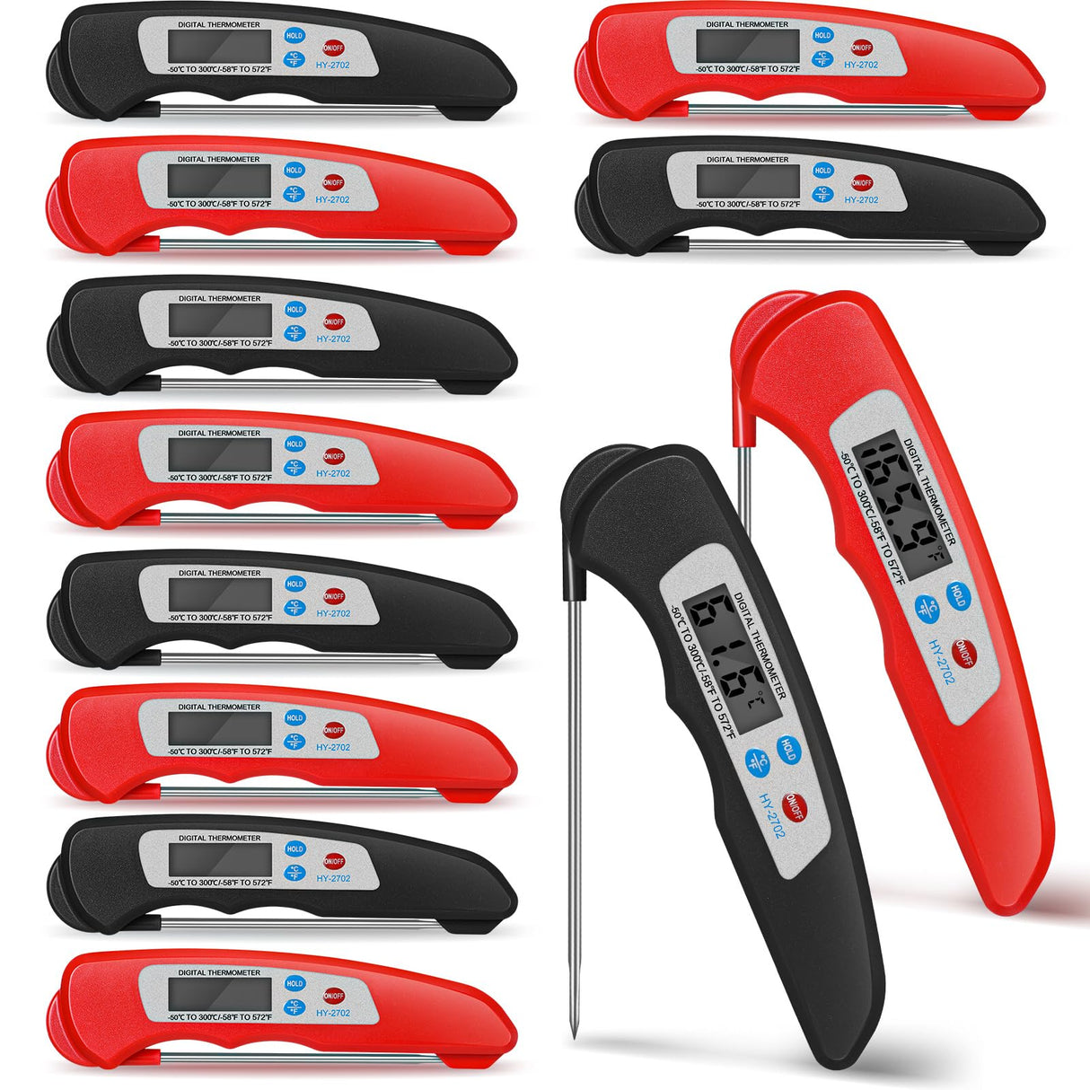 Xuhal 12 Pcs Digital Meat Thermometer with Probe Waterproof Instant Read Foldable Food Thermometer with Magnet for Kitchen Grilling Cooking Turkey Baking BBQ(Black, Red) Xuhal