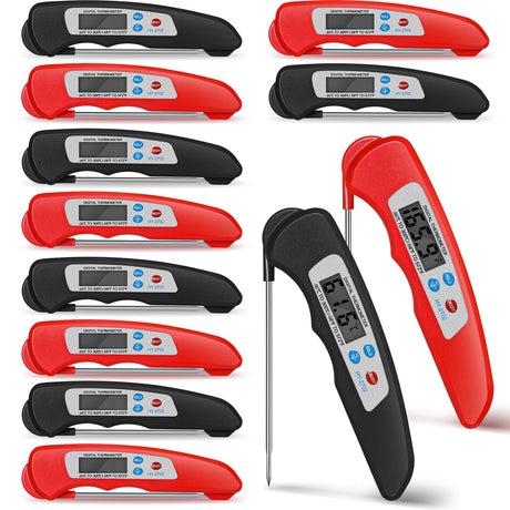 Xuhal 12 Pcs Digital Meat Thermometer with Probe Waterproof Instant Read Foldable Food Thermometer with Magnet for Kitchen Grilling Cooking Turkey Baking BBQ(Black, Red) Xuhal