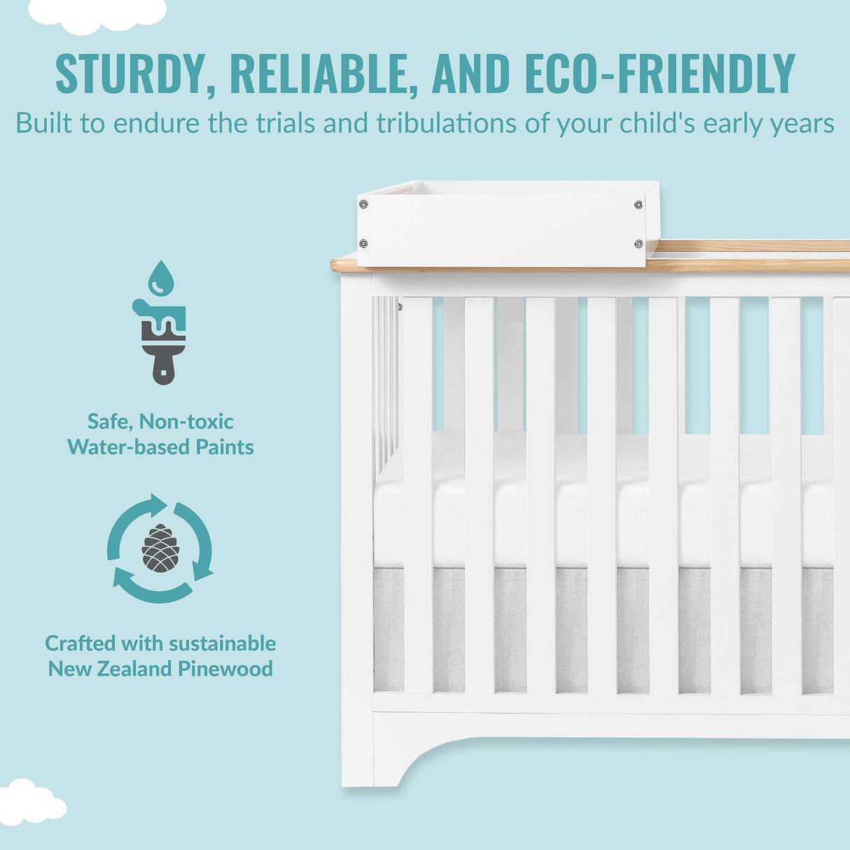 Dream On Me Orion 5-in-1 Convertible Crib with Removable Changing Tray in Vintage White Oak, JPMA & Greenguard Gold Certified, Made of Sustainable New Zealand Pinewood Dream On Me