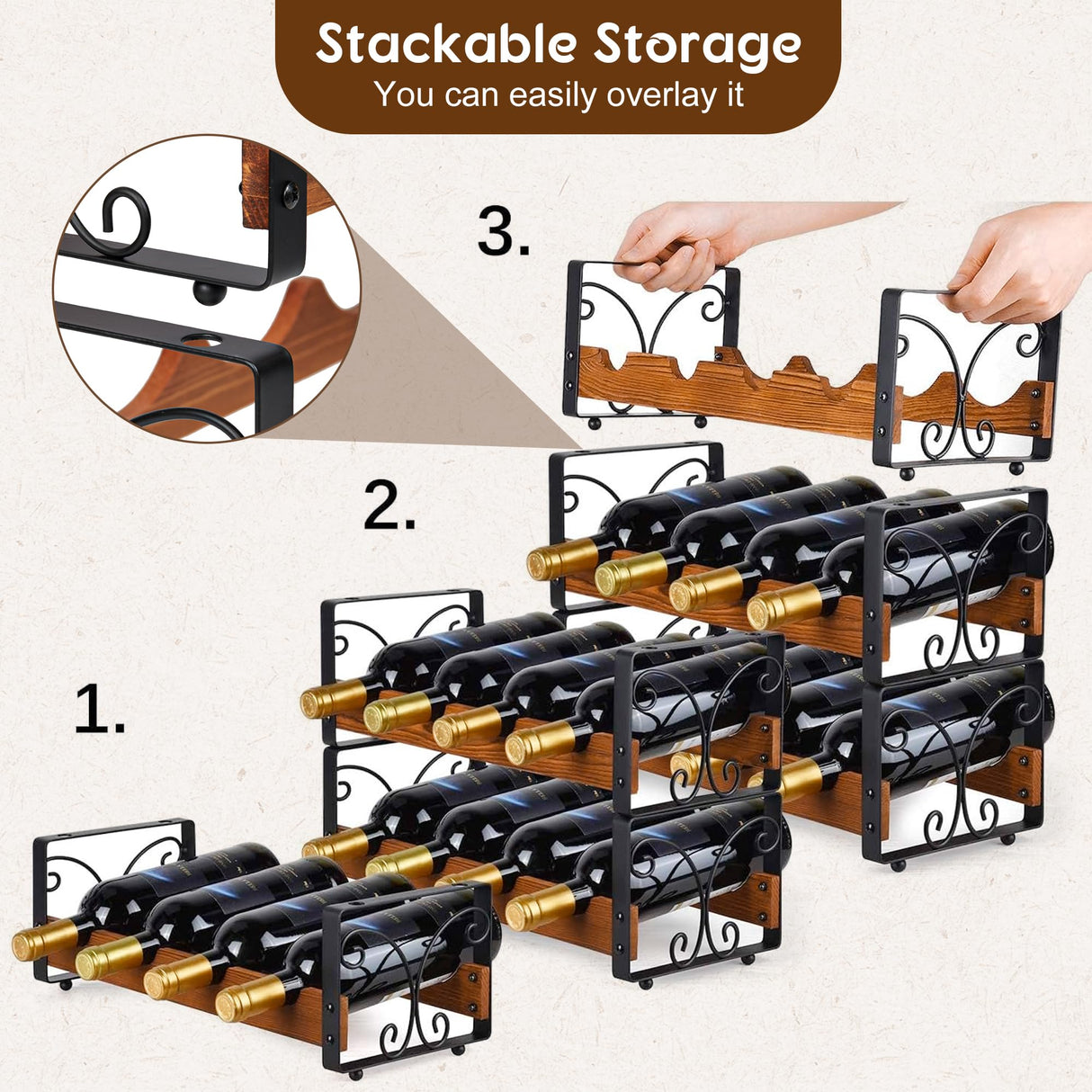 Stackable Wine Rack for 16 Bottles, 4 Tier Wine Storage Cabinet Shelf, Freestanding Wine Organizer with Patent Design, Wooden & Iron Bottles Holder for Kitchen Counter or Bar, Wine Display Shelf X-cosrack