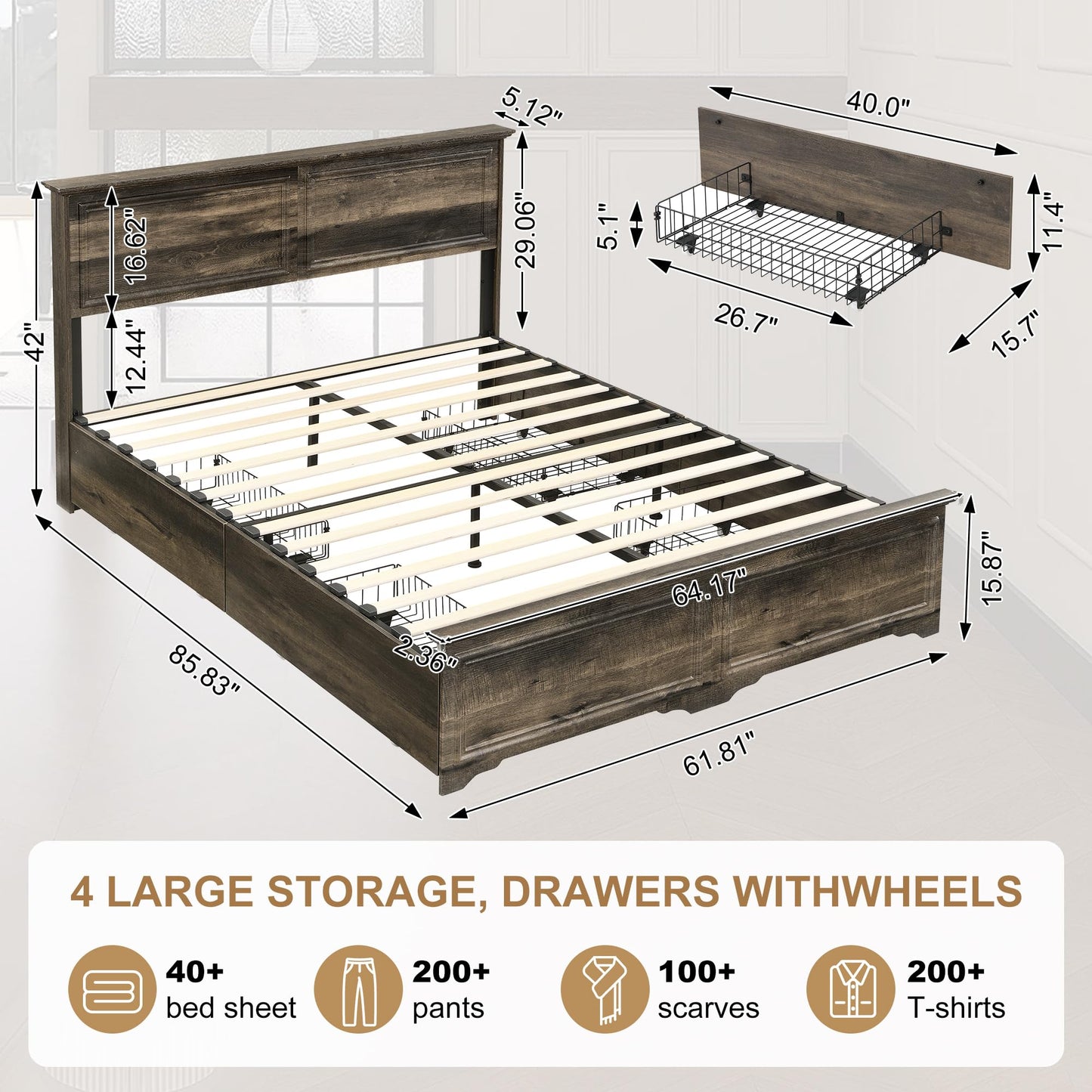 Yechen Farmhouse Queen Size Bed Frame with 4 Storage Drawers, Platform Bed Frame with Headboard and Footboard, Strong Wooden Slats Support, No Box Spring Needed, Non-Slip and Noise Free, Easy Assembly