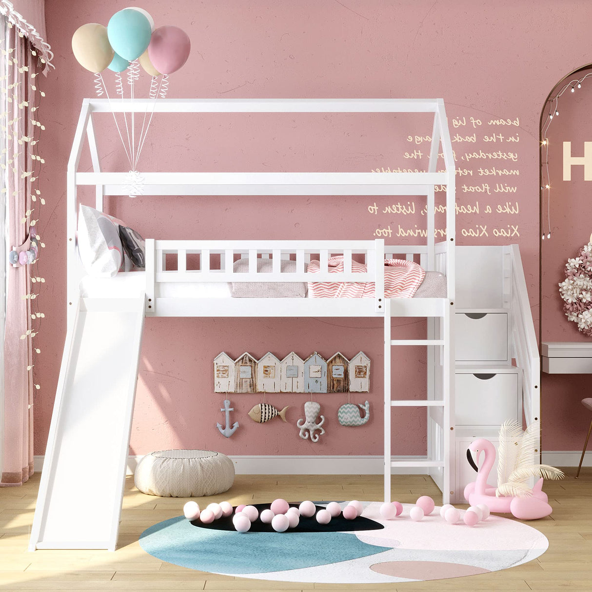 House Bed Loft with Slide and Storage Stairs by Harper & Bright Designs - Twin Frame in White for Kids Harper & Bright Designs