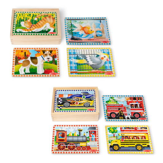 Melissa & Doug Wooden Jigsaw Puzzles in a Box 2-Pack for Preschool Boys and Girls – Pets, Vehicles