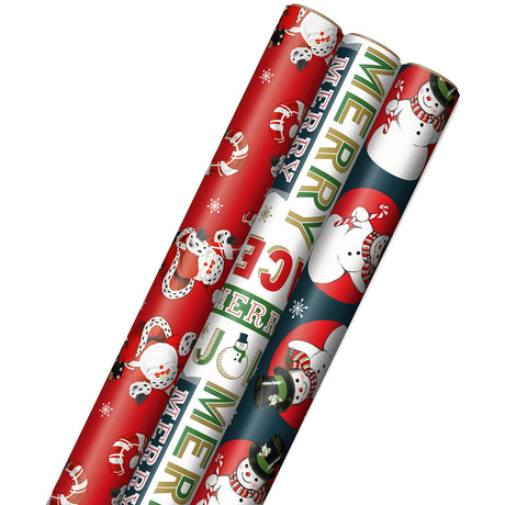 Hallmark Vintage Christmas Wrapping Paper Cut Lines on Reverse (3 Rolls: 120 sq. ft. ttl) Dancing Santas, Classic Snowman, "Merry, Jolly, Happy, Peace" Hallmark
