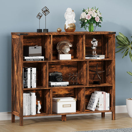 9 Cube Bookshelf, Farmhouse Storage Organizer Wooden Open Shelf Bookcase 3-Tier Display Cabinet Rack for Bedroom, Living Room, Office (Amber Pine) Vabches