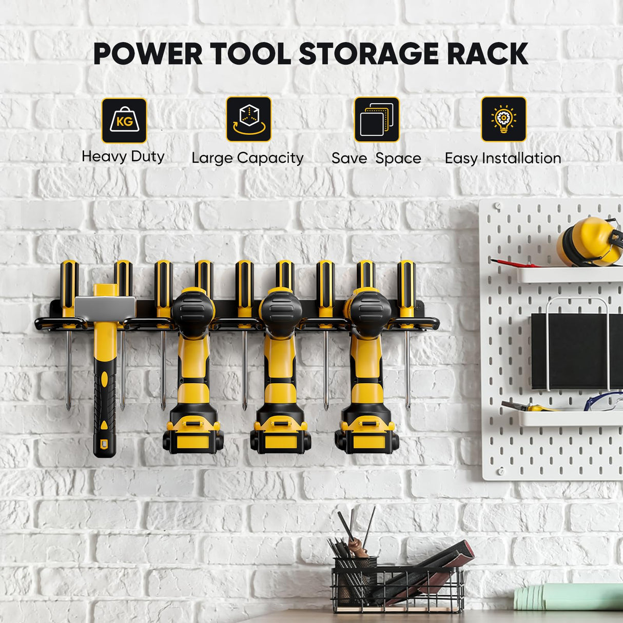 POKIPO Power Tool Organizer, Drill Holder Wall Mount, Heavy Duty Garage Tool Organizer and Storage, Suitable Tool Rack for Tool Room, Workshop, Garage (Black-1 Tirer) POKIPO