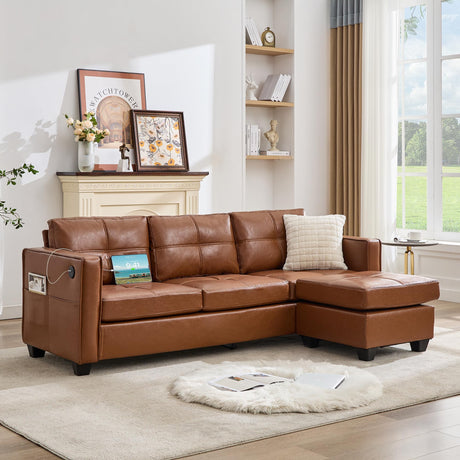 TYBOATLE Brown Sofa Couch Sectional Couches for Living Room, Comfy Faux Leather Modular Convertible L Shaped Sofas with USB & Ottoman, Home Office Sofa Set with Chaise for RV Apartment Bedroom TYBOATLE