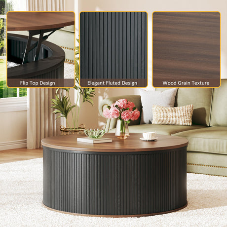 HUAHUU Round Coffee Table with Storage, 31.5" Lift Top Coffee Table, Mid Century Modern Coffee Tables for Living Room, Apartment Office, Fluted Table with Rustic Wood Desktop HUAHUU