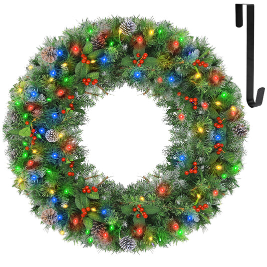 Hykolity 36 in. Prelit Christmas Wreath with 150 Multicolor LED Lights, Artificial Battery Operated Christmas Wreath with Timer, 300 Tips, Decorated with Pinecones, Berries for Decor, Hanger Included