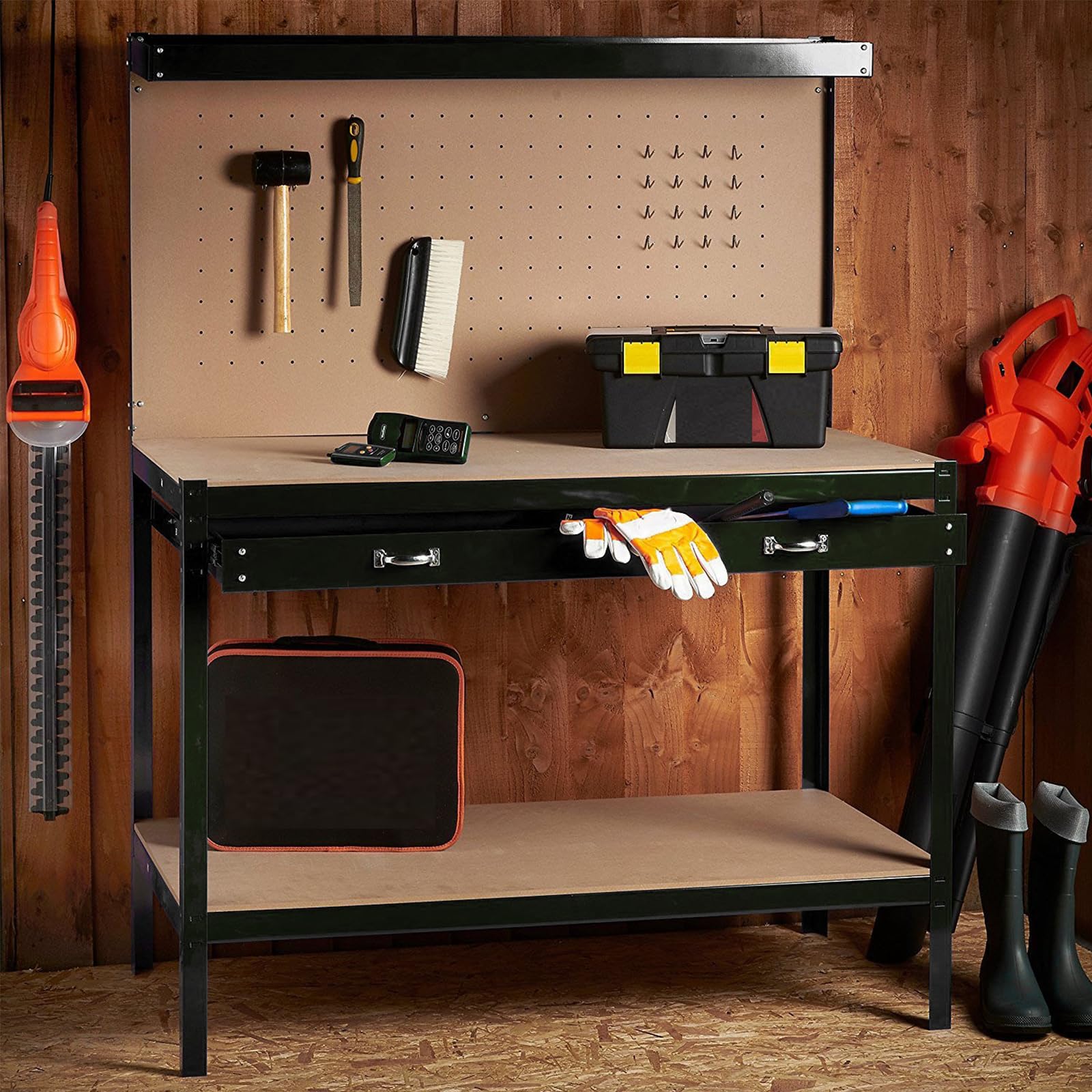 Heavy-Duty Steel Workbench – 63" Multipurpose Workshop Table with Drawer, Pegboard & Shelf, Woodworking & Garage Tool Organizer, 300 lbs Capacity - WoodArtSupply