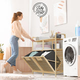 TidyHub Double Tilt Out Laundry Hamper with Shelf - Durable Bamboo Hamper with 2 Removable Laundry Liner Fabrics, Easy Grab Handle & Manual - Pull Out Laundry Hamper Cabinet for Clothes Towels Toys TidyHub