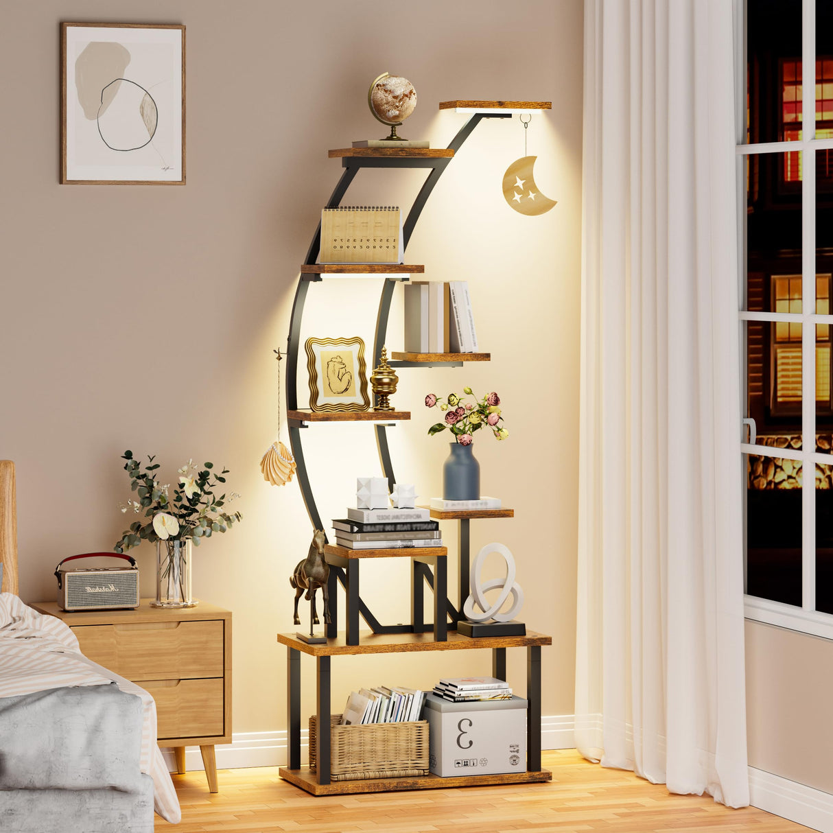 BECOKOME Bookshelf with Lights - 63" Tall Unique Bookshelves, 9-Tier Book Shelf for Collectibles, Black Display Shelf with Light, Half-Moon Ladder Book Stands for Bedroom Living Room, Rustic Brown BECOKOME