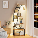 BECOKOME Bookshelf with Lights - 63" Tall Unique Bookshelves, 9-Tier Book Shelf for Collectibles, Black Display Shelf with Light, Half-Moon Ladder Book Stands for Bedroom Living Room, Rustic Brown BECOKOME