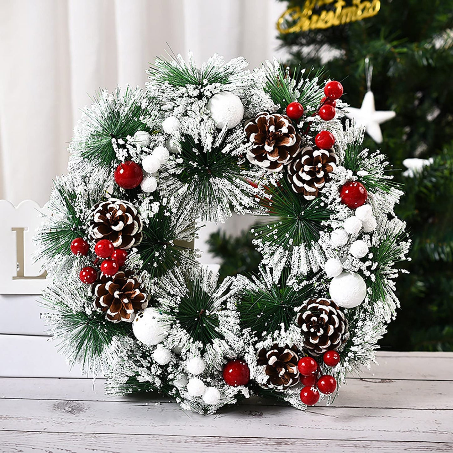 XIANGLIANG Wreath Frame 36 Inch Christmas Wreath Berry Wreath Handmade Floral Front Door Rustic Wreath Flocked with Mixed Decorations Christmas Decorations Christmas with Lights, One Size, 4ZtCtOJ6q