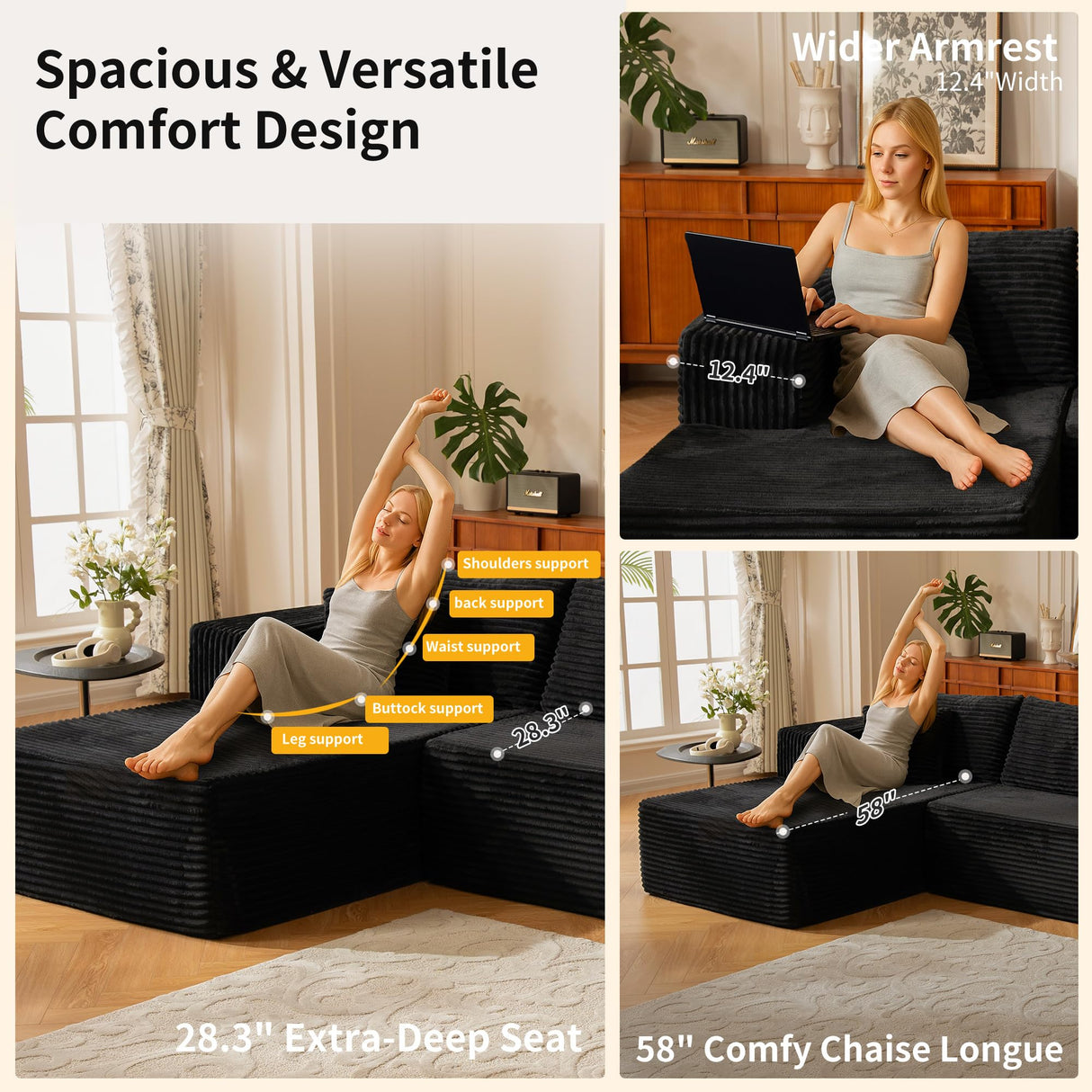 110” No Assembly Compression Boneless in a Box Cloud Sectional Couches for Living Room L-Shape Sleeper Sofa, Modern Modular Corduroy Reclining Comfy Fluffy Memory Foam Furniture for Bedroom Home Black lzgxhf