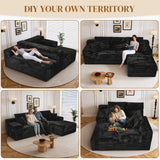 Repantes 108" L Shaped Boneless Sectional Couches for Living Room, Comfy Corduroy Floor Cloud Sofa with Chaise, Wide Armrest, Deep Seat, Memory Foam, Assembly Free, Ideal for Small Spaces, Black Repantes