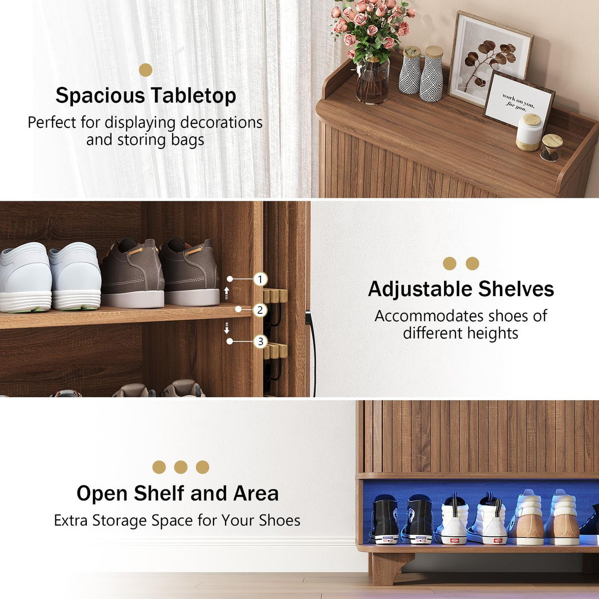 Maupvit 6-Tier Shoe Cabinet with Fluted Sliding Tambour Doors, Entryway Shoe Storage Cabinet with Led Light & Open Storage, 4 Adjustable Shelf, Shoes Rack Organizer for Entryway, Hallway, Living Room Maupvit