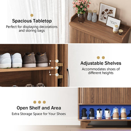 Maupvit 6-Tier Shoe Cabinet with Fluted Sliding Tambour Doors, Entryway Shoe Storage Cabinet with Led Light & Open Storage, 4 Adjustable Shelf, Shoes Rack Organizer for Entryway, Hallway, Living Room Maupvit