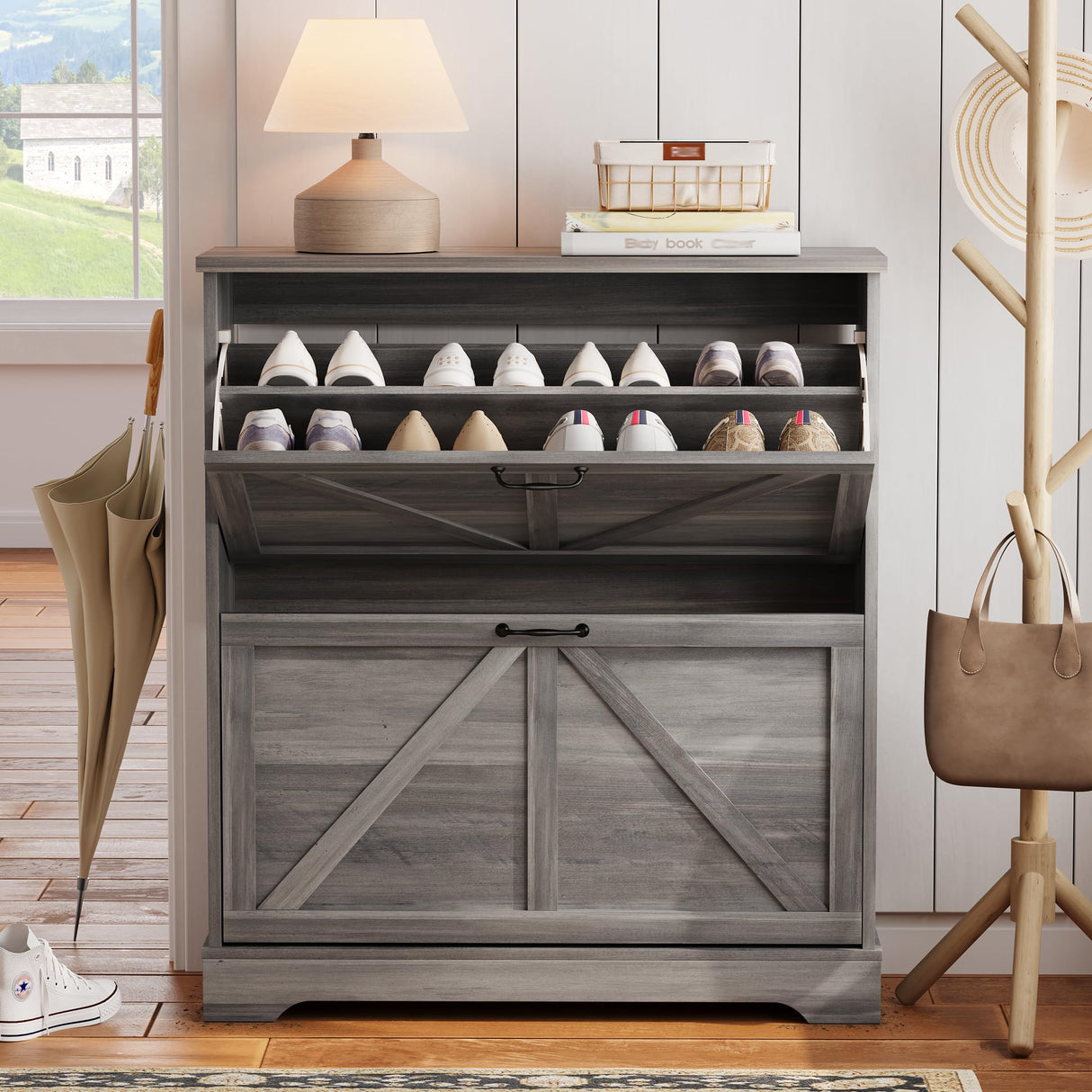 Semiocthome Farmhouse Shoe Storage Cabinet with 2 Flip Drawers, 31.5"(W) Freestanding Shoe Organizer with Barn Door and Metal Handles for Entryway, Corner Rustic Narrow Shoe Rack Cabinet - Washed Gray Semiocthome