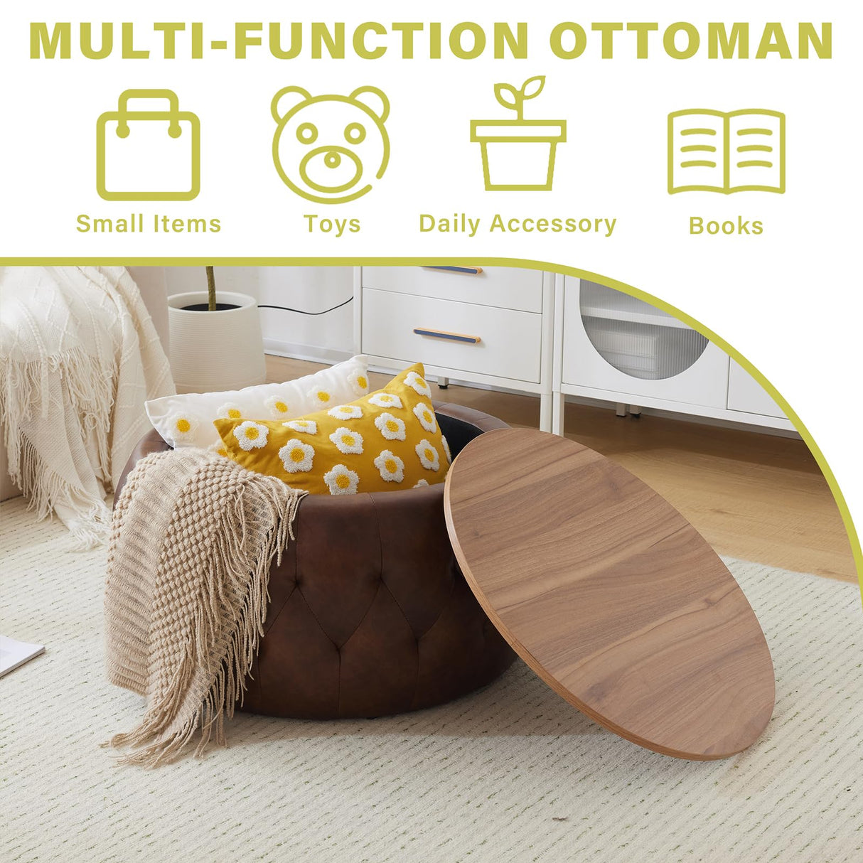 YDcosyfy PU Leather Round Storage Ottoman with Wooden Lid, 25 Inch Tufted Circle Ottoman Footrest Stool Bench Coffee Table for Living Room,Brown YDcosyfy