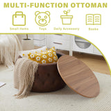 YDcosyfy PU Leather Round Storage Ottoman with Wooden Lid, 25 Inch Tufted Circle Ottoman Footrest Stool Bench Coffee Table for Living Room,Brown YDcosyfy