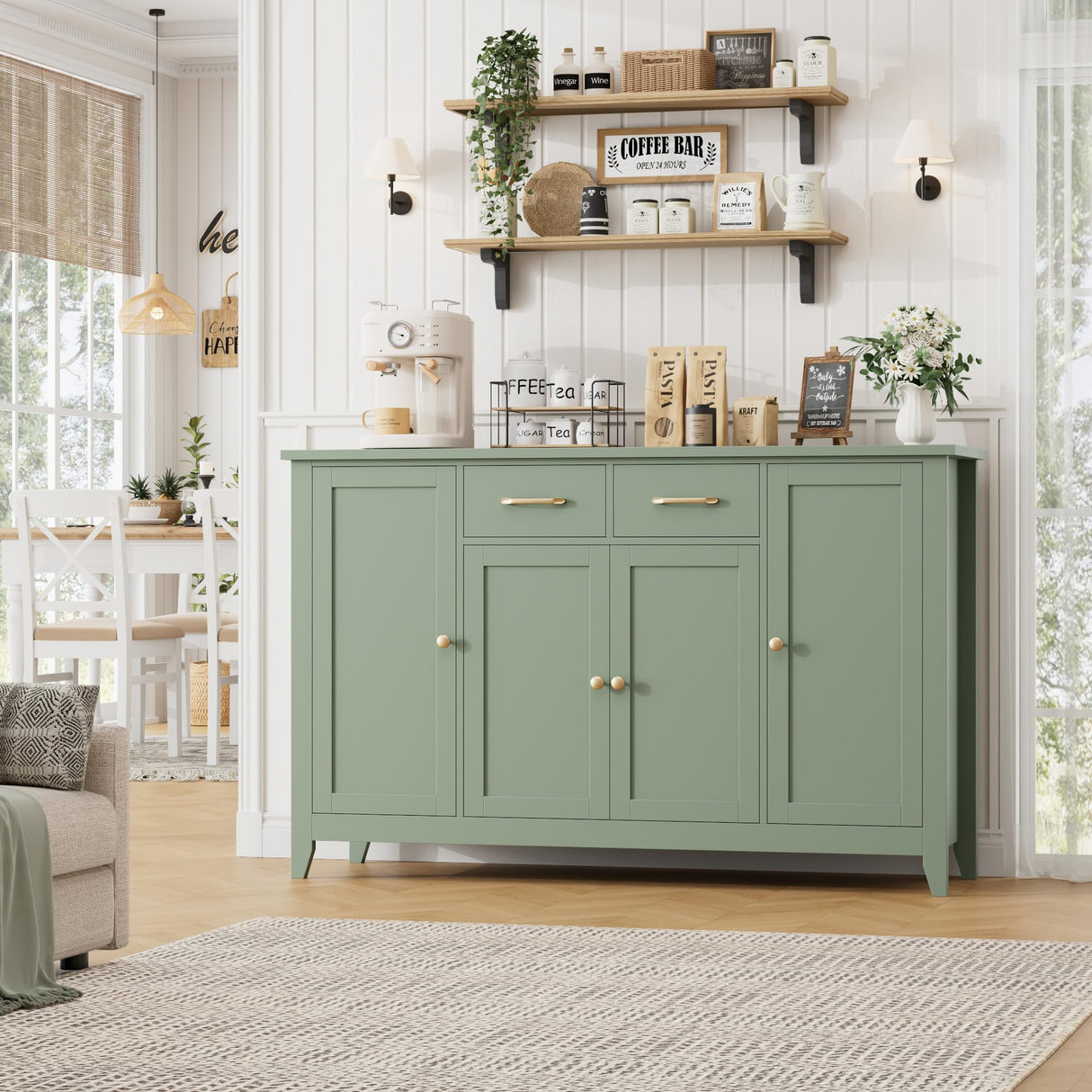 HORSTORS 55" Buffet Cabinet with Storage, Kitchen Buffet Sideboard with Drawers, Large Storage Cabinet with Doors and Shelves, Modern Farmhouse Coffee Bar for Kitchen, Dining Room, Living Room, Green HORSTORS