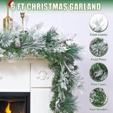 6 FT Christmas Garland with Lights, Artificial Flocked Pine Garland for Mantle, Lighted Garland Real Touch Norfolk Pine with Frost Leaves Pinecones for Indoor Outdoor Christmas Decorations Yastouay