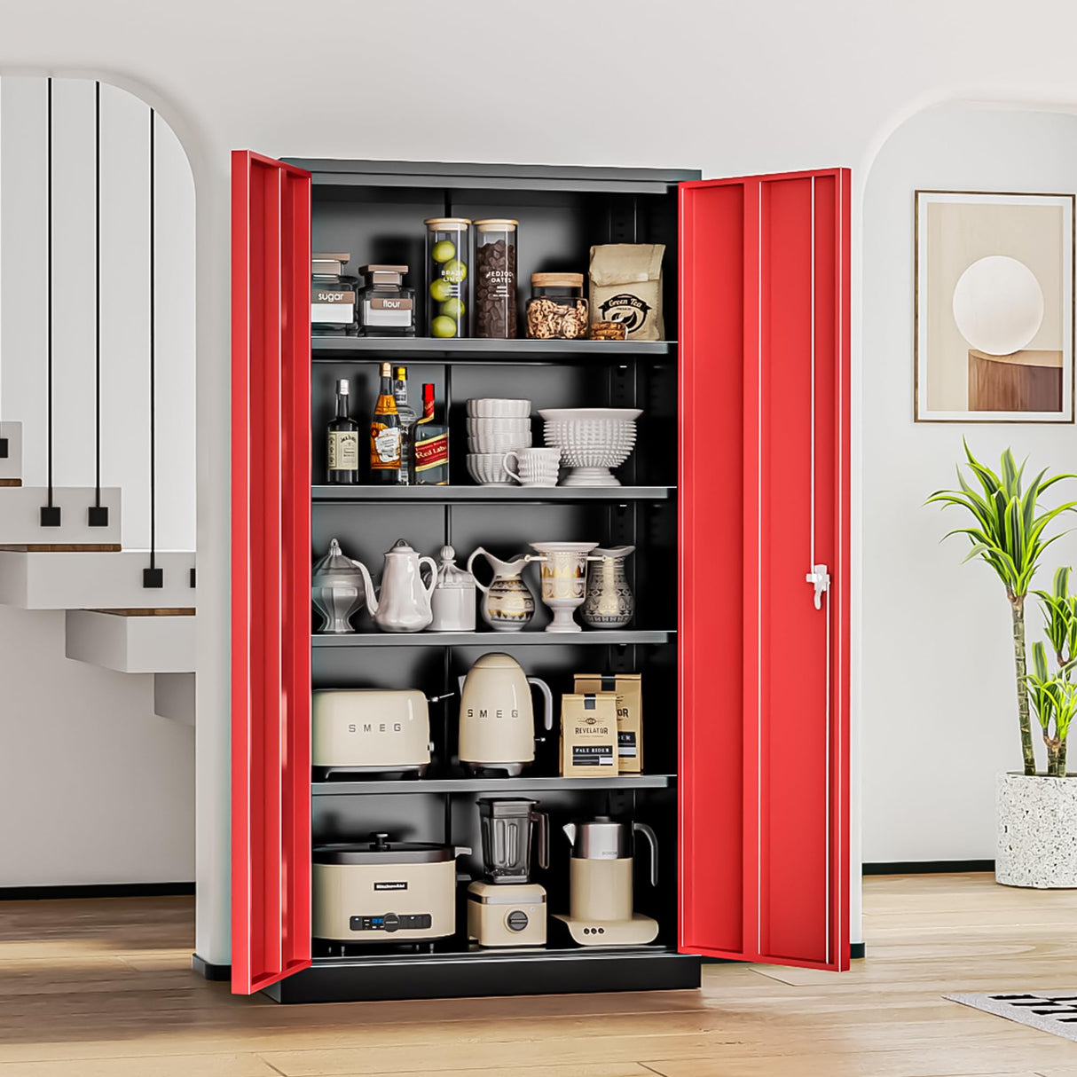 INTERGREAT Metal Lockable Storage Cabinet, 72” H Storage Cabinet with 2 Doors and 4 Adjustable Shelves for Office, Home, Garage, Pantry (Assembly Required, 18”D, Black Red) INTERGREAT