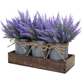 Set of 3 Small Potted Plants Arrangement Artificial Lavender Flower Plants in Rustic Galvanized Metal Pots with Decorative Wood Tray for Farmhouse Table Centerpiece Windowsill Country Indoor Decor Winlyn