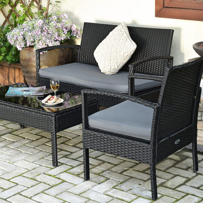 COSTWAY 4PCS Patio Rattan Furniture Set, Outdoor Wicker Conversation Set with Tempered Glass Coffee Table, Seat Cushions, Ideal for Poolside Balcony Porch Backyard - WoodArtSupply