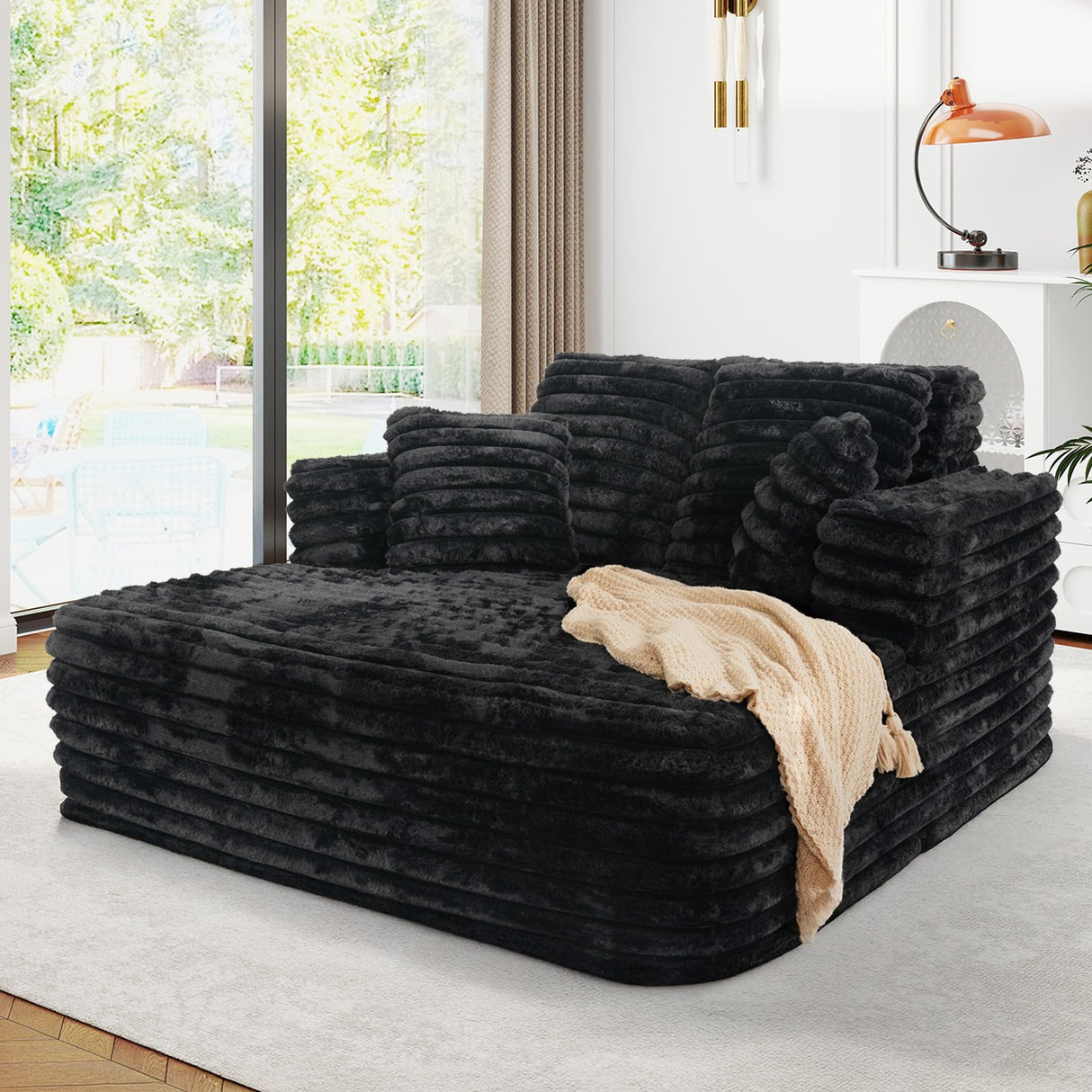 JEEOHEY 56"W Oversized Chaise Lounge Chair Indoor,Plush Faux Fur Sleeper Sofa Couch Bed with Pillows&Wide Armrest,Fluffy Comfy Cloud Sofa,Compression Foam Boneless Couch for Living Room,Bedroom(Black) JEEOHEY