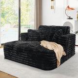 JEEOHEY 56"W Oversized Chaise Lounge Chair Indoor,Plush Faux Fur Sleeper Sofa Couch Bed with Pillows&Wide Armrest,Fluffy Comfy Cloud Sofa,Compression Foam Boneless Couch for Living Room,Bedroom(Black) JEEOHEY