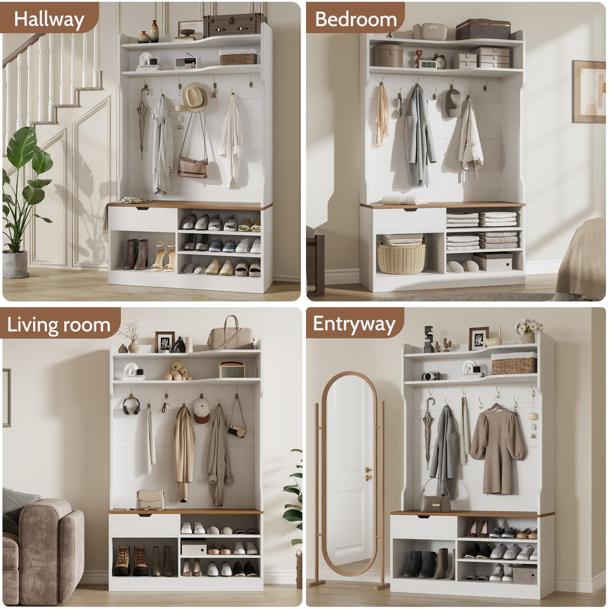 Vividwood Hall Tree with Bench, Simple Style 5 in 1 Hall Tree, Entryway Storage bench3-Layer Shoe Cabinet & 7 Coat Hooks, Separate Drawers, 42.9x15.94x70.86 in (Country White) Vividwood