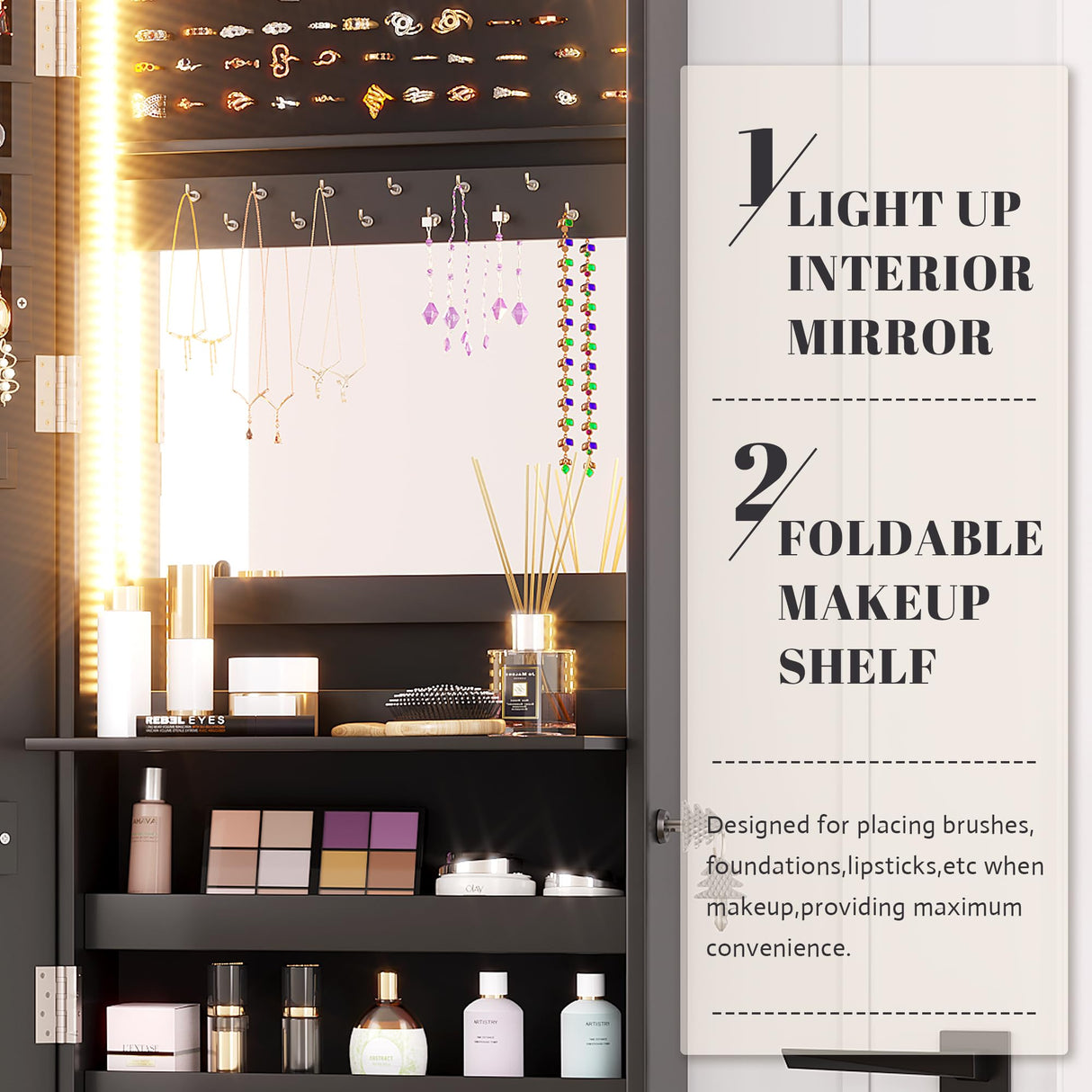 Vlsrka 47.2" LED Jewelry Mirror Cabinet, Wall/Door Mounted Hanging Jewelry Armoire Organizer with Full-Length Mirror, Large Storage Cabinet, 4 Drawers, 5 Shelves, Built-in Lighted Mirror (Black) Vlsrka