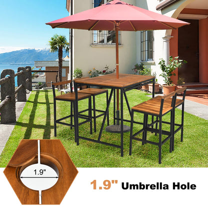 HAPPYGRILL 5-Piece Acacia Wood Outdoor Bar Set with Umbrella Hole and 4 Ergonomic Stools - WoodArtSupply