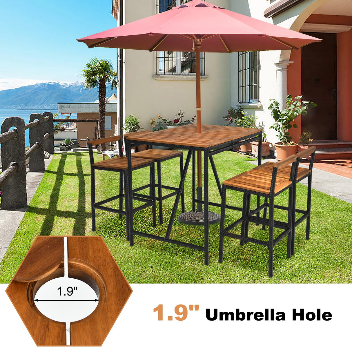 RELAX4LIFE 5-Piece Patio Bar Set, Acacia Wood Counter Height Bistro Dining Table w/Umbrella Hole, Wicker Rattan Bar Stools Set of 4 for Balcony Backyard Poolside, 5PCS Outdoor Bar Table and Chairs Set RELAX4LIFE