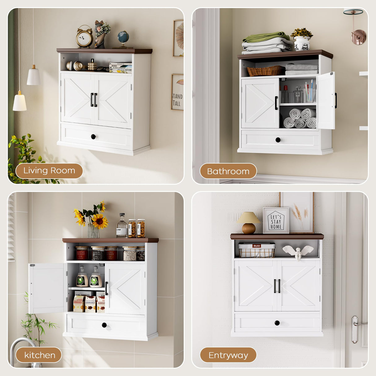 Bathroom Wall Cabinet, Farmhouse Wall Mounted Medicine Cabinet with Drawer, Barn Doors and Adjustable Shelf, 25"H x 23.6"W x 9"D White Over Toilet Storage Cabinet for Kitchen, Laundry Room, Entryway Viroformo