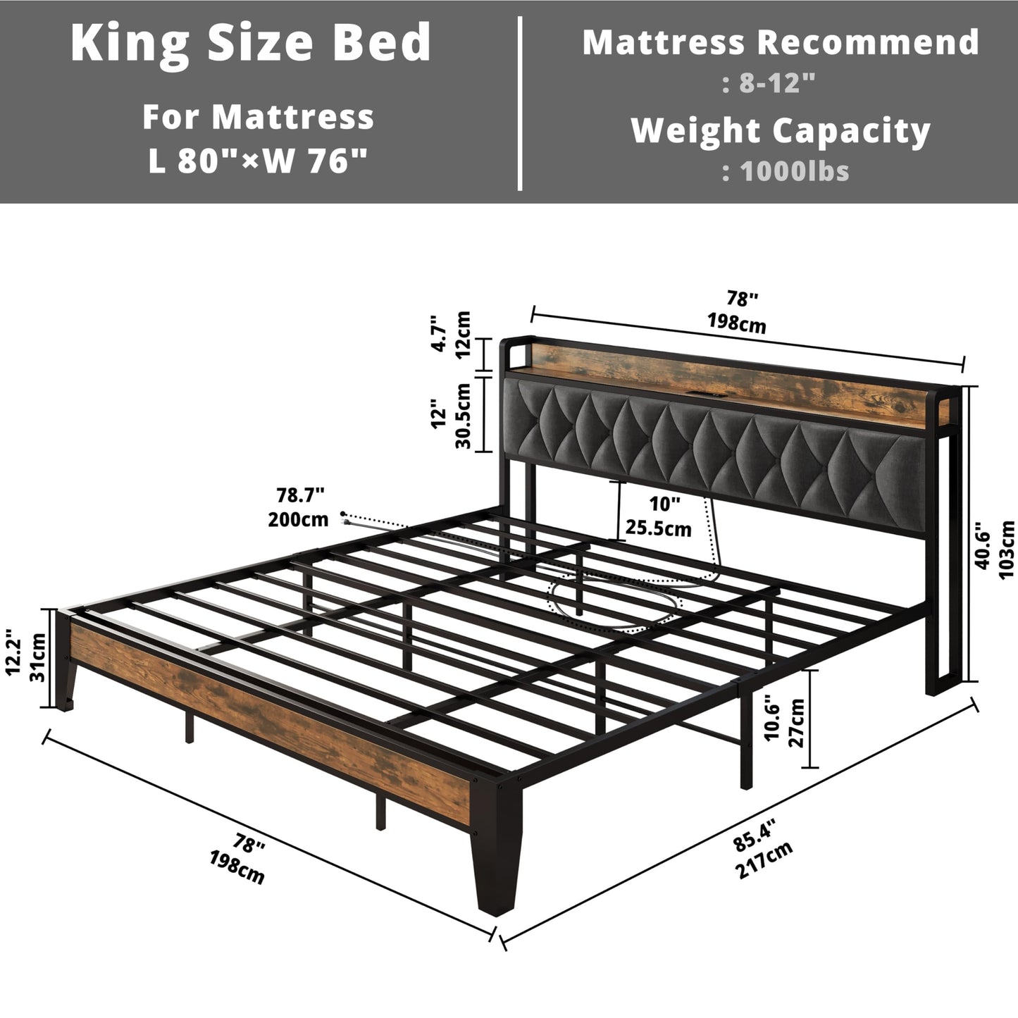 ANCOTOR King Size Bed Frame with Storage Headboard & Outlets – Sturdy, Noise-Free Design, Easy Assembly - WoodArtSupply