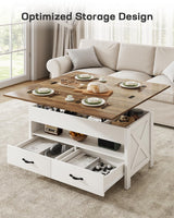 Marsail 40" Lift Top Coffee Table, 4 in 1 Coffee Table with Hidden Compartment, 1 Open Shelf and 2 Drawers, Multifunctional Farmhouse Center Table for Living Room and Home Office, Brown and White Marsail