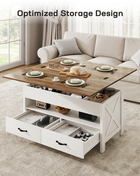 Marsail 40" Lift Top Coffee Table, 4 in 1 Coffee Table with Hidden Compartment, 1 Open Shelf and 2 Drawers, Multifunctional Farmhouse Center Table for Living Room and Home Office, Brown and White Marsail