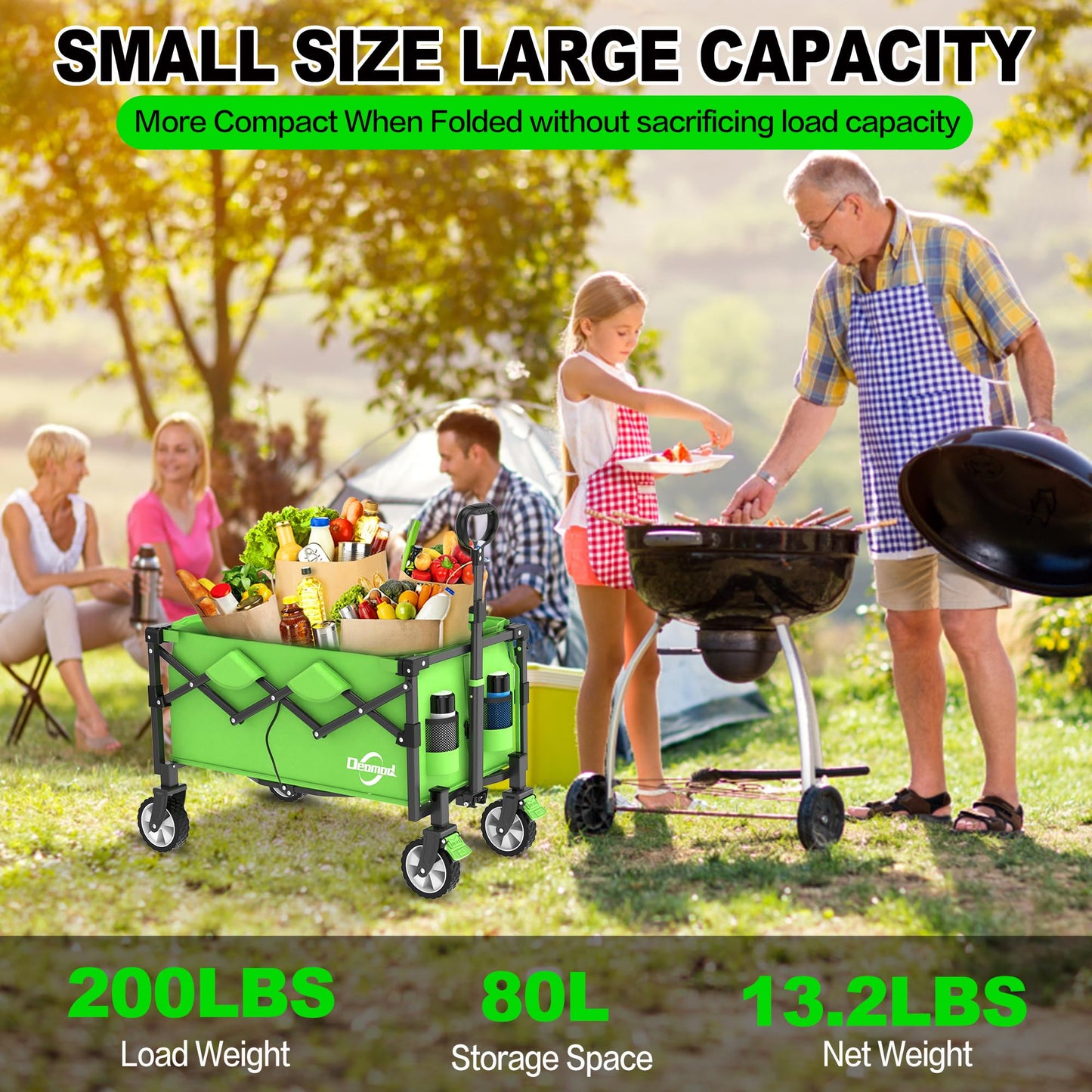 Collapsible Lounge Wagon, Wagon Cart Heavy Duty Foldable with Smallest Folding Design, Utility Grocery Small Wagon with All Terrain Wheels for Camping Shopping Sports Garden, Green