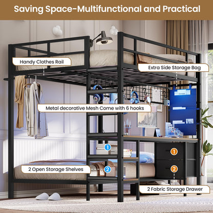 Hasuit Metal Bunk Bed Full Over Twin with Desk Convertible Storage Shelf,Loft Bed with Led Lights & Charging Station,Bunk Bed for Teens with Safety Guard & Stairs,Space Saving Bedroom Furniture,Black