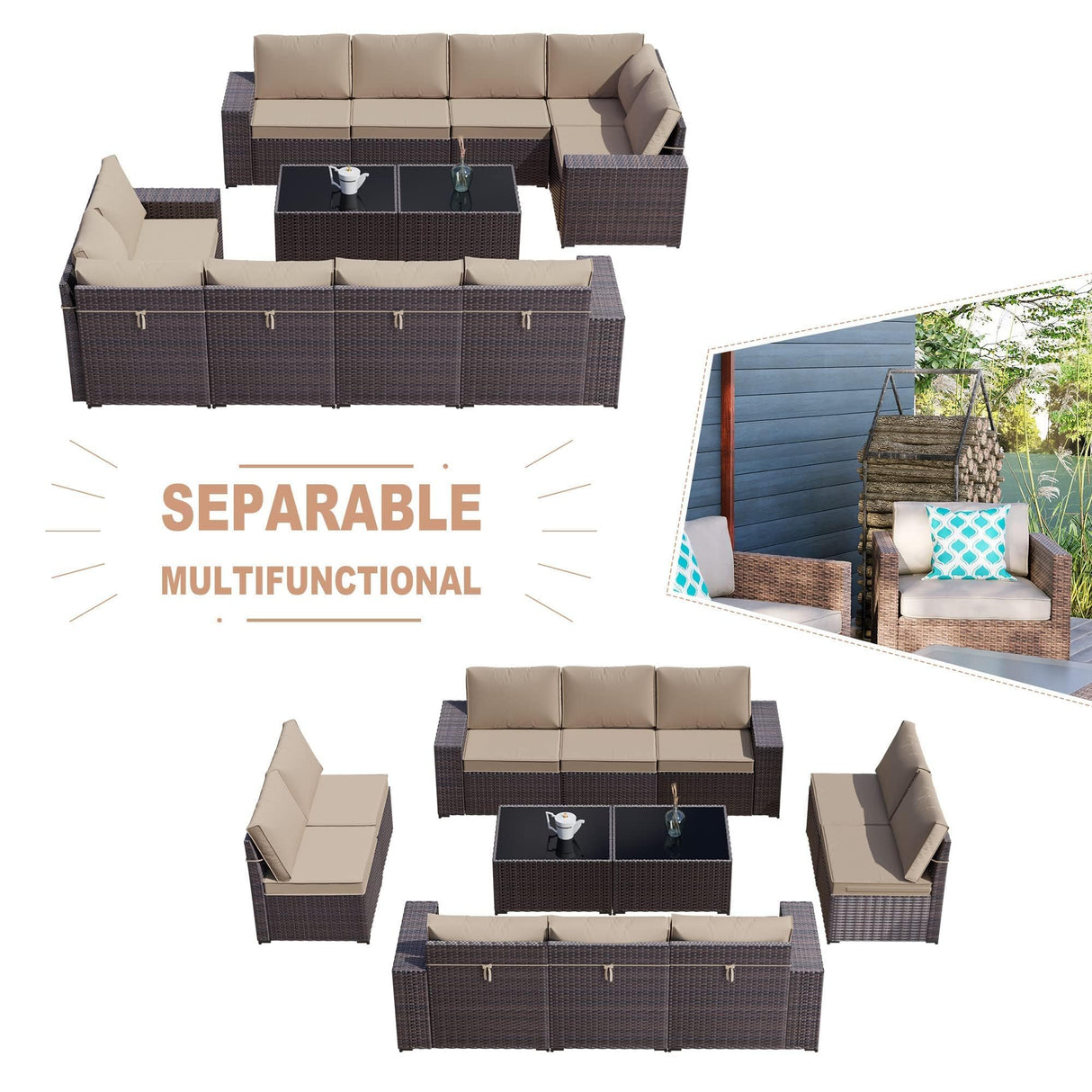 Kullavik 12 Pieces Outdoor Patio Furniture Set PE Wicker Rattan Sectional Sofa Patio Conversation Sets,Sand Kullavik