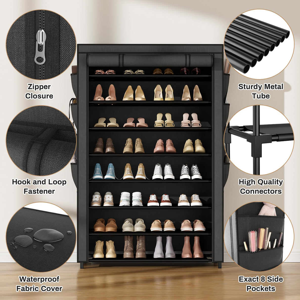 VILICK Shoe Rack with Cover, 8 Tier Tall Shoe Organizer Storage for 36-45 Pair Shoes and Boots Large Shoe Storage Shelf Free Standing Shoe Rack for Closet, Front Door Entrance, Dorm, Garage VILICK