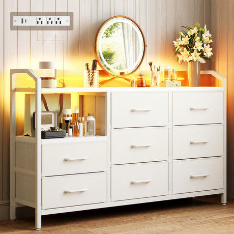 KKL White Dresser for Bedroom with Light Strip & Power Outlet — 8 Drawers Dressers & Chest of Drawers with Shelf, Wood Top, Metal Frame, Wide Dressers for Girls Bedroom, Living Room, Hallway, Closet KKL